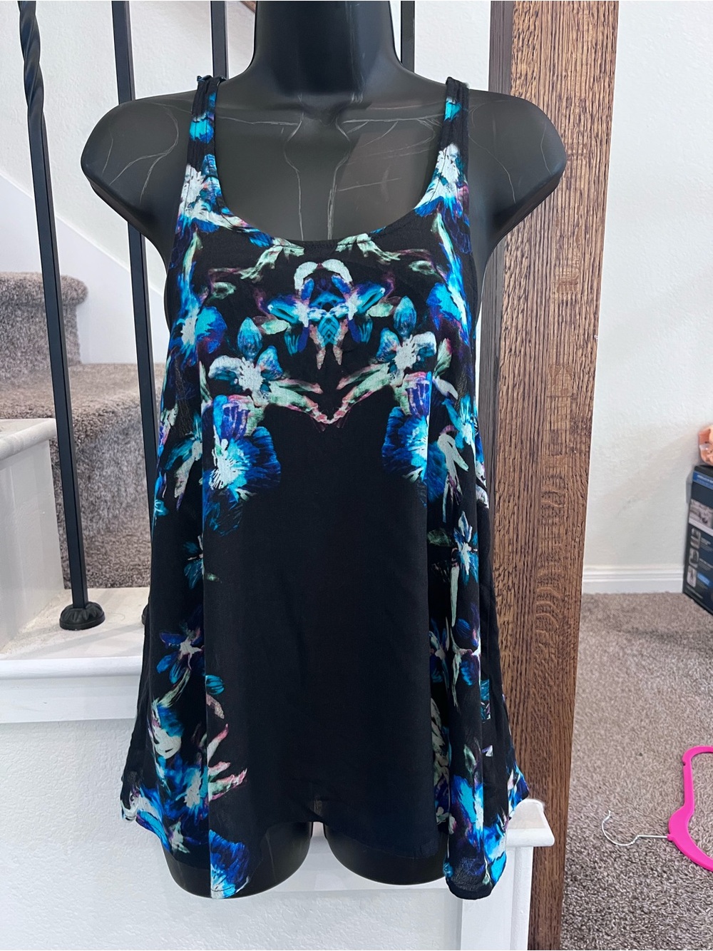 Free People Black Tank Top with Blue Floral Print
